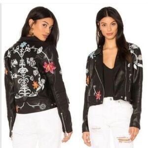 BLANK NYC Secret Keeper Black Embroidered  Floral Faux Leather Jacket Sz S